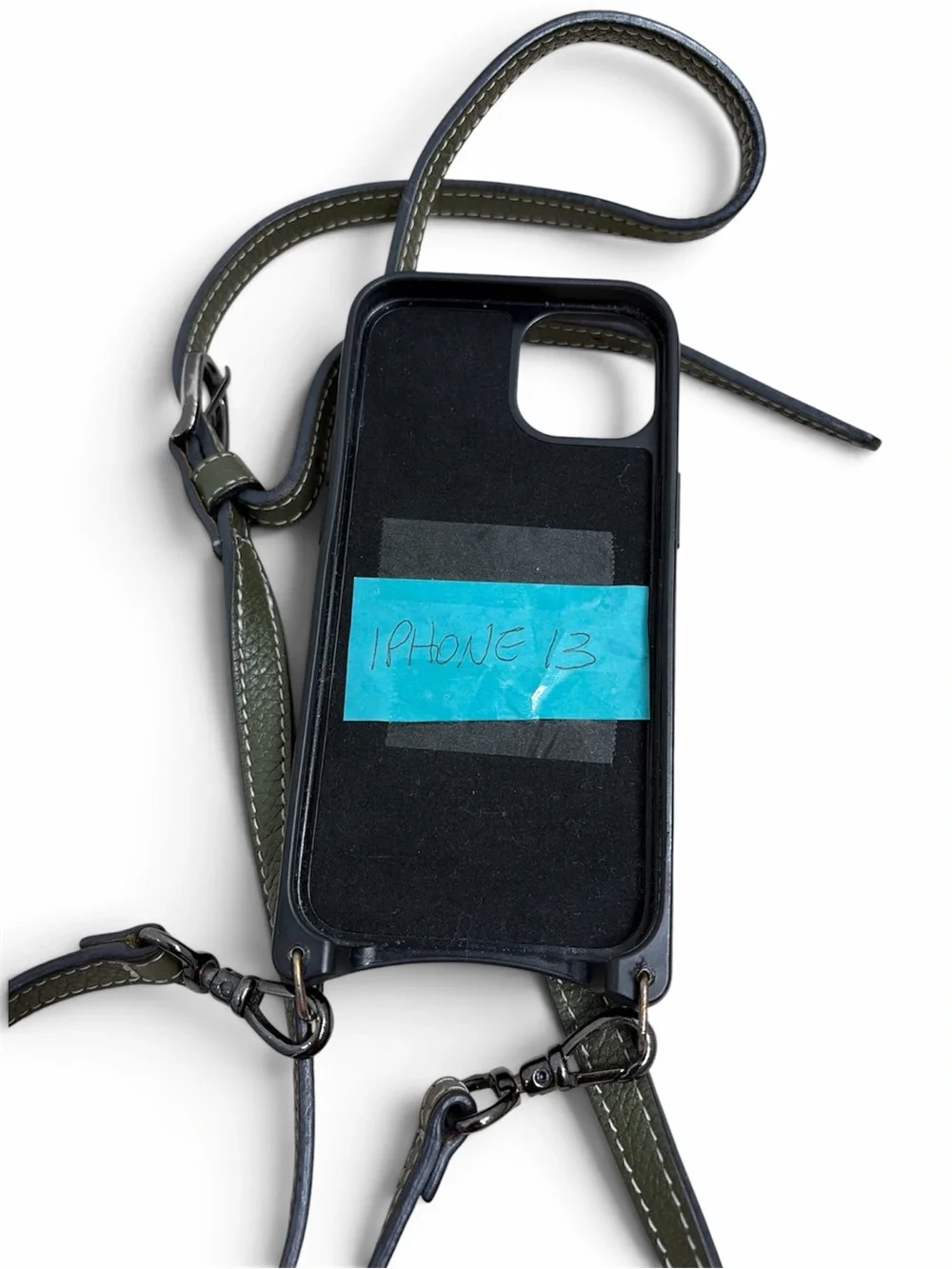 Bandolier IPhone 13 Casey side slot Army Green Pebbled Leather Case PreLoved